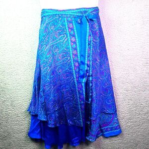 Rasamrta Designs Silk Wrap Skirt Royal Blue Paisley OS Boho Artisan Ruffle